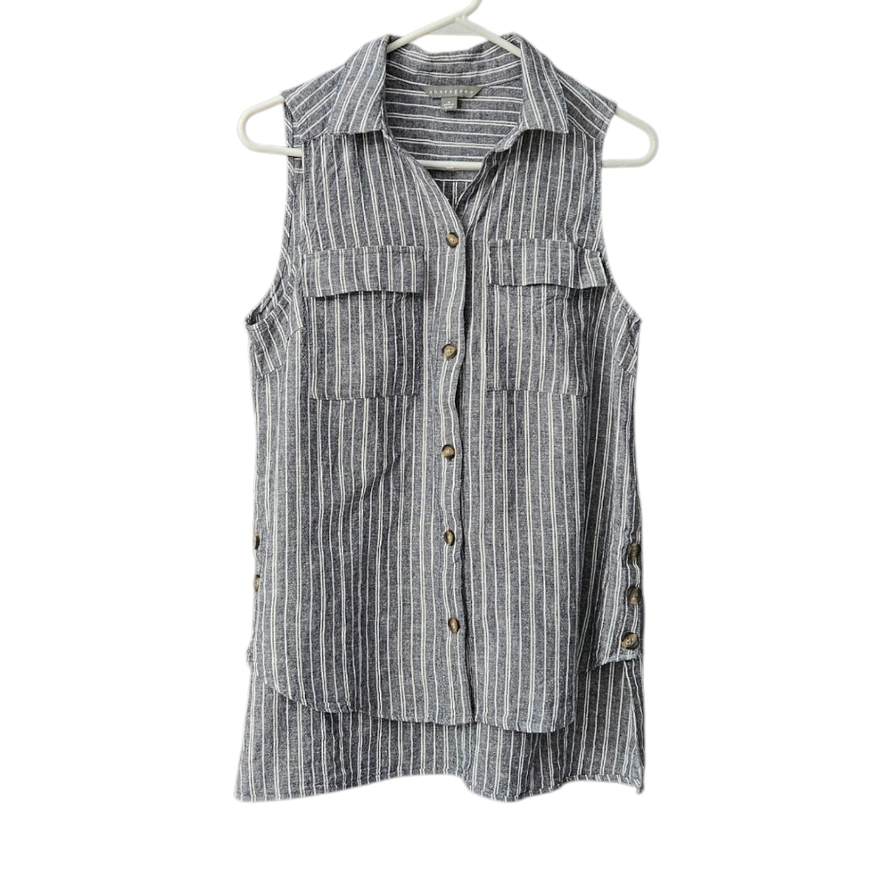 Sharagano Sleeveless Linen Blend Striped Top Size M Button Up High Low - Picture 1 of 13